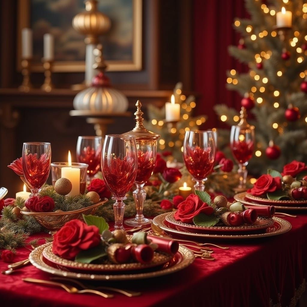 Elegant Christmas Table Setting in Hyperrealistic Style