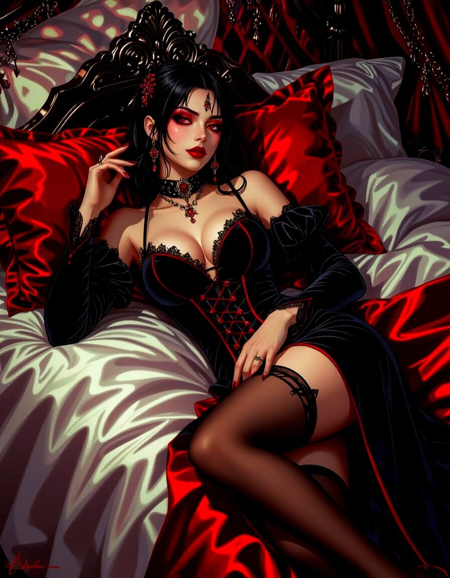 Gothic Vampire Beauty on Bed in Photorealism