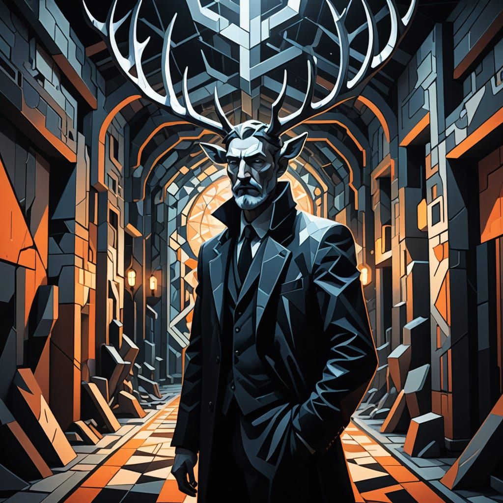 Neo-Cubist Figure in Lunar Lit Hall of Silver Antlers