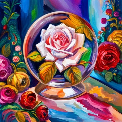 Crystal Rose in Glass Sphere: Maximalist Gouache Art