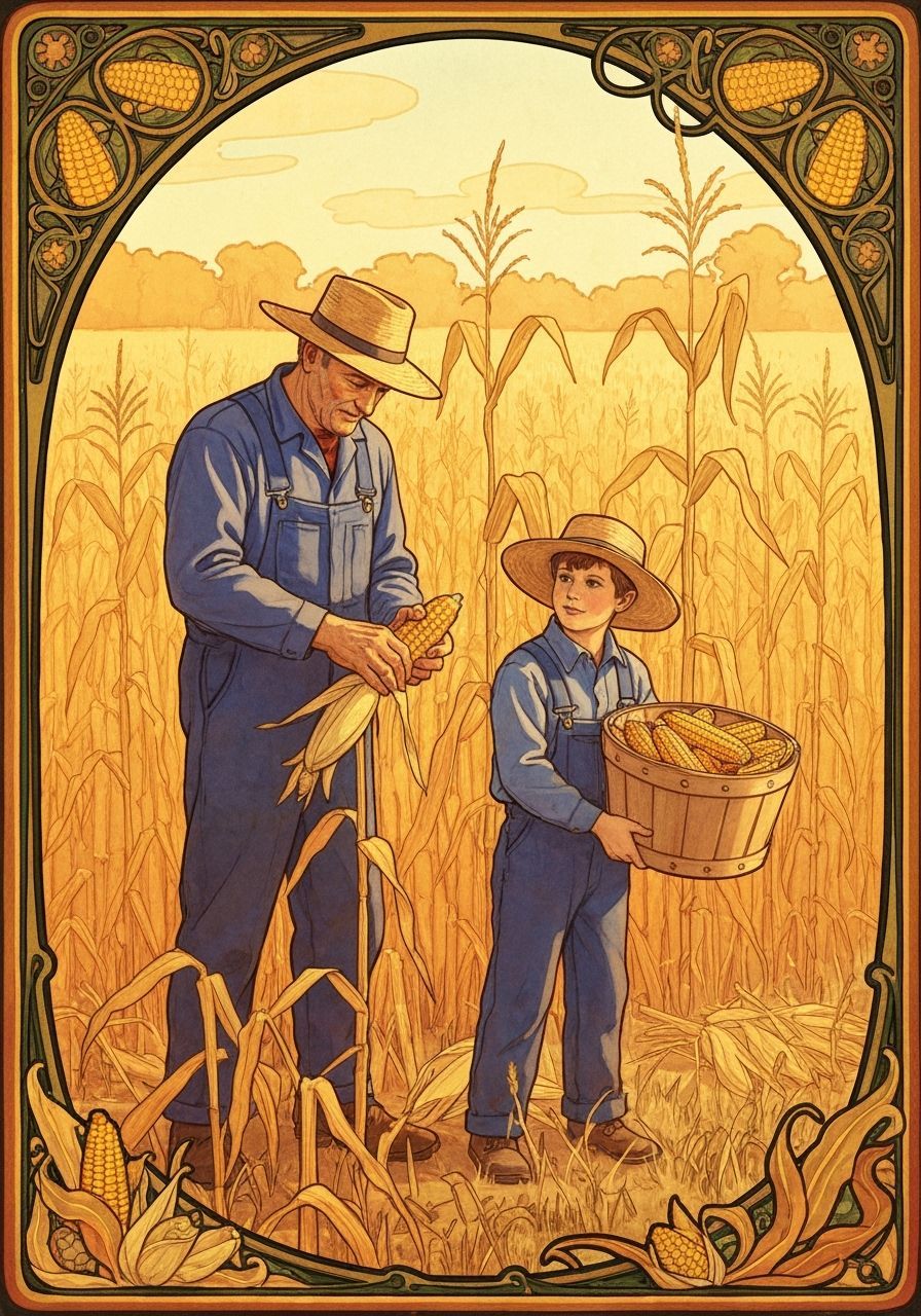 Art Nouveau Autumn Harvest Scene with Farmer and Boy