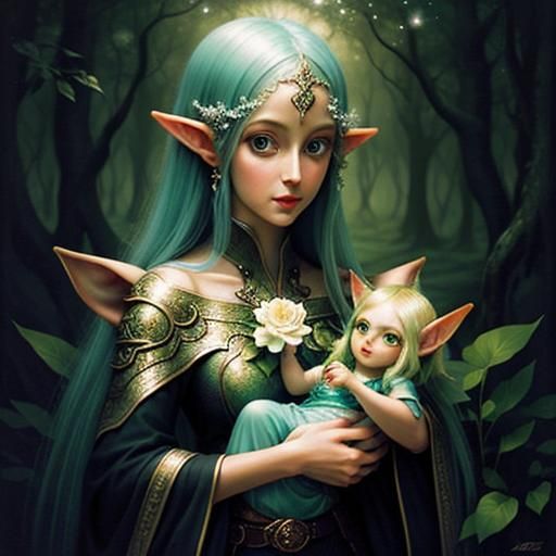 Ethereal Elven Portrait with Baby in Fantasy Style