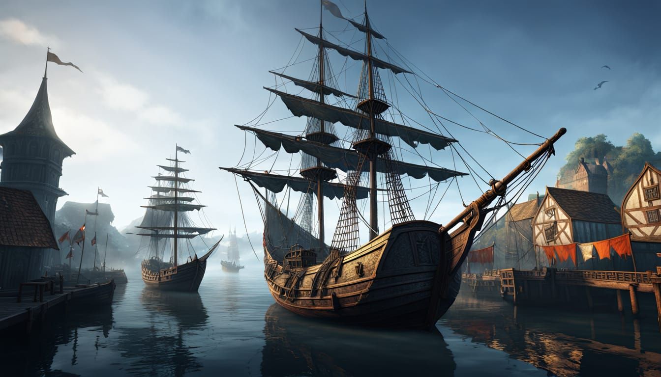 Epic Medieval Port Scene in Vibrant Fantasy Style