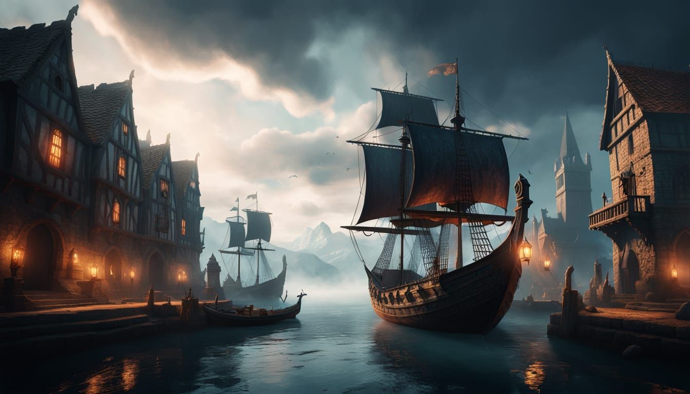 Medieval Fantasy Longship Enters Bustling Port Under Golden ...