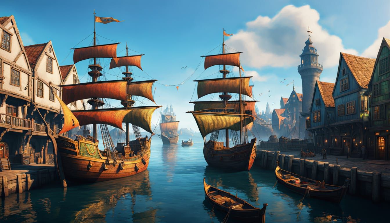 Medieval Fantasy Longship Sails into Bustling Port