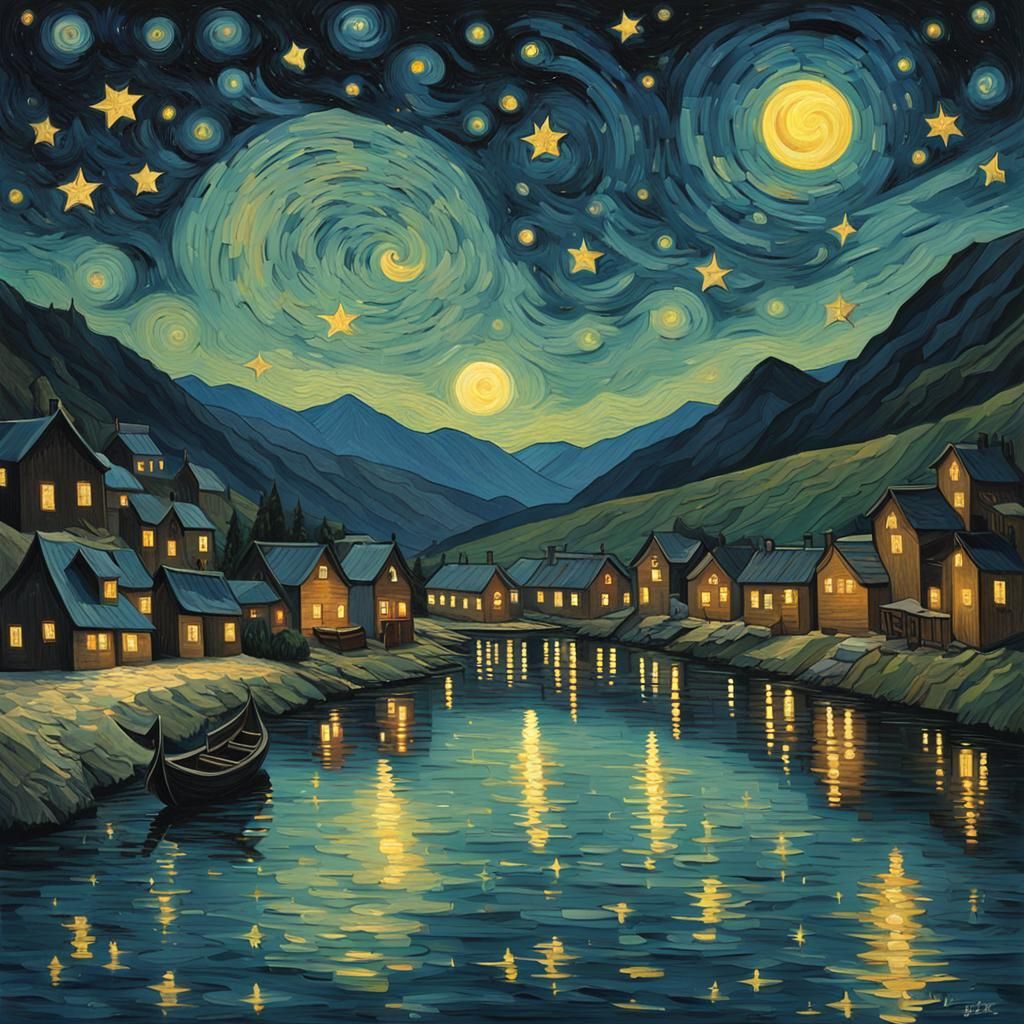 Starry Night Landscape as Impasto Painting