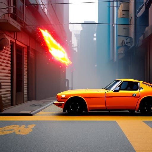 A neon tangerine [Datsun 240z] parked on a street in Tokyo, ...