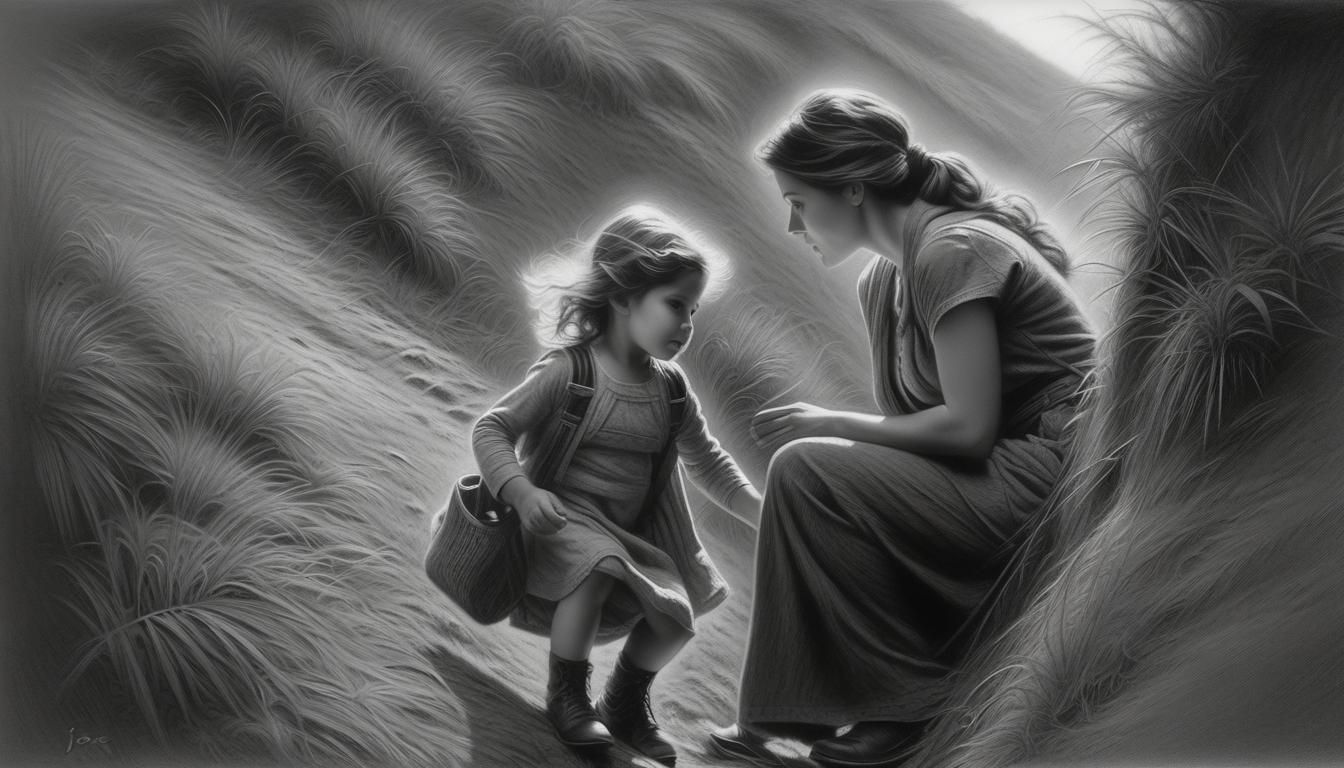 Mother and Daughter Climbing Hill: Charcoal Portrait