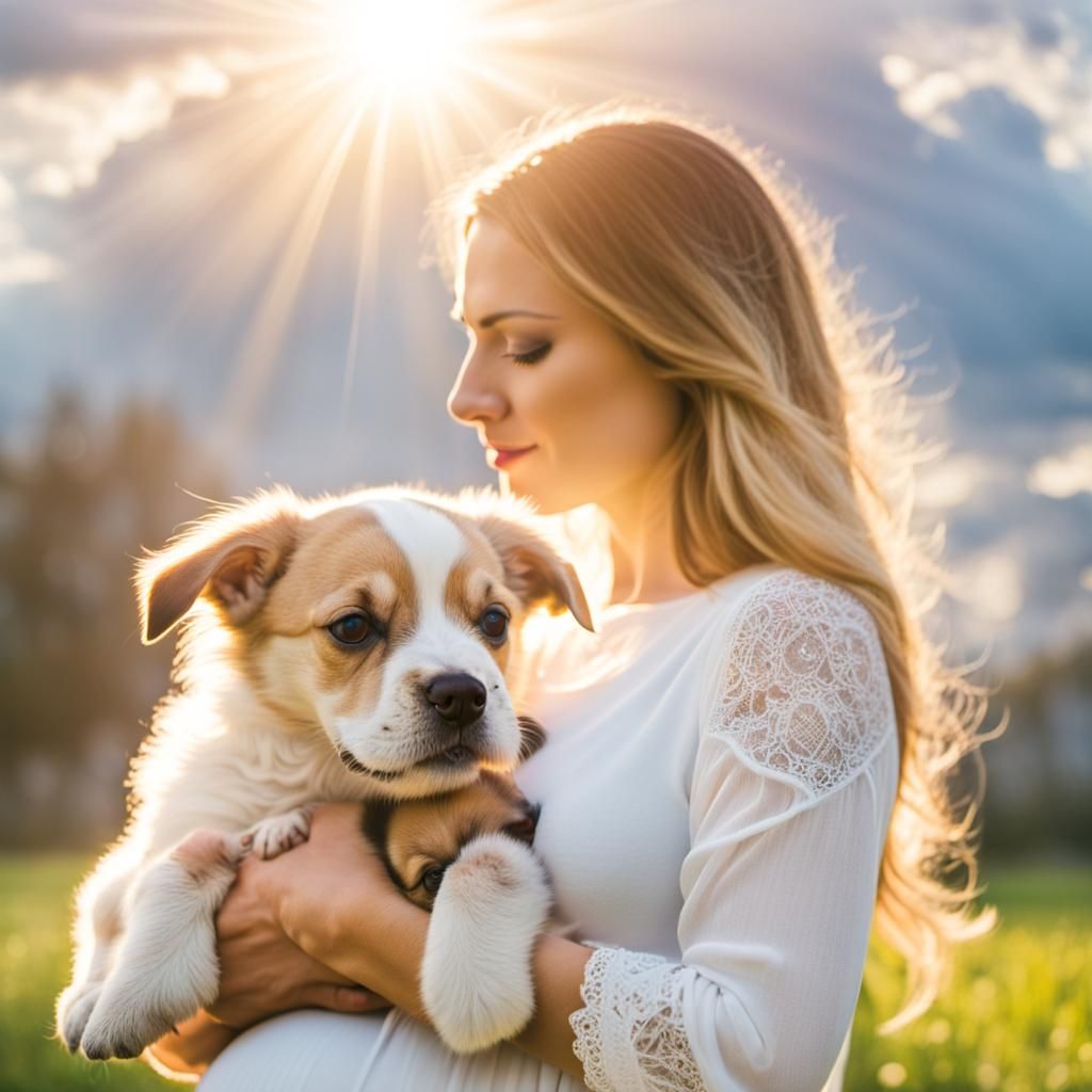 Pregnant Woman and Puppy in Divine Light