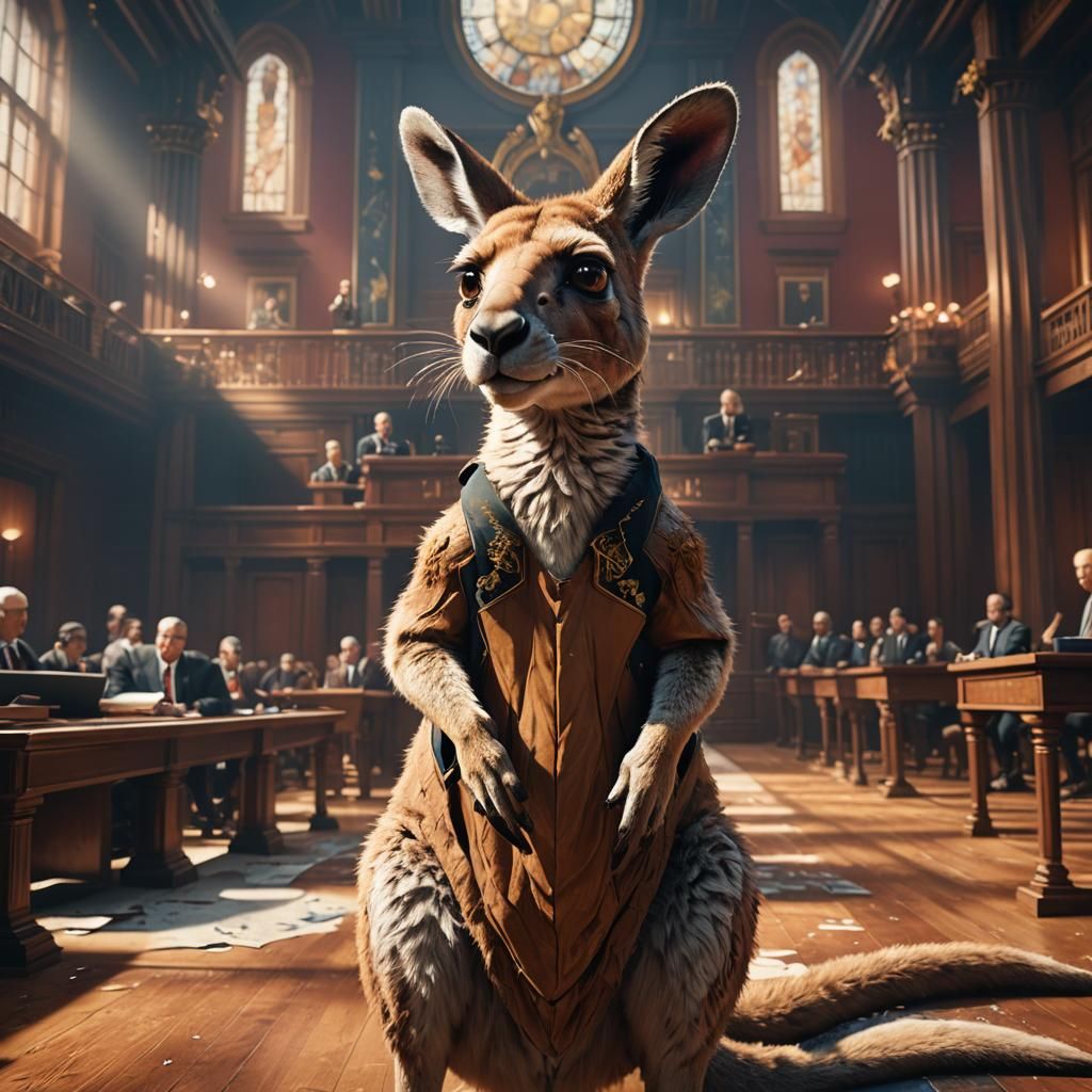 Kangaroo Courtroom: Surreal Hyperrealistic Splash Art