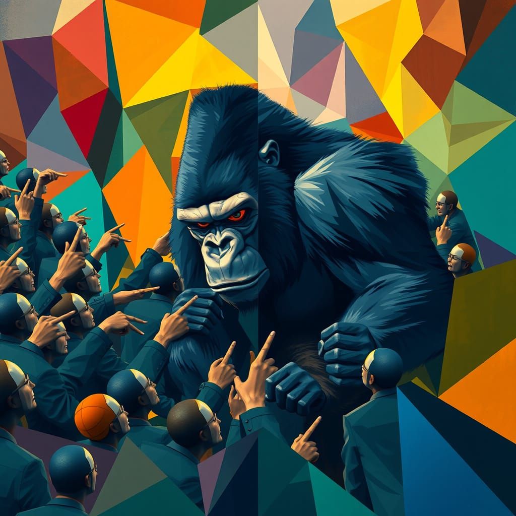 Gorilla Versus 100 Men: A Cubist Clash