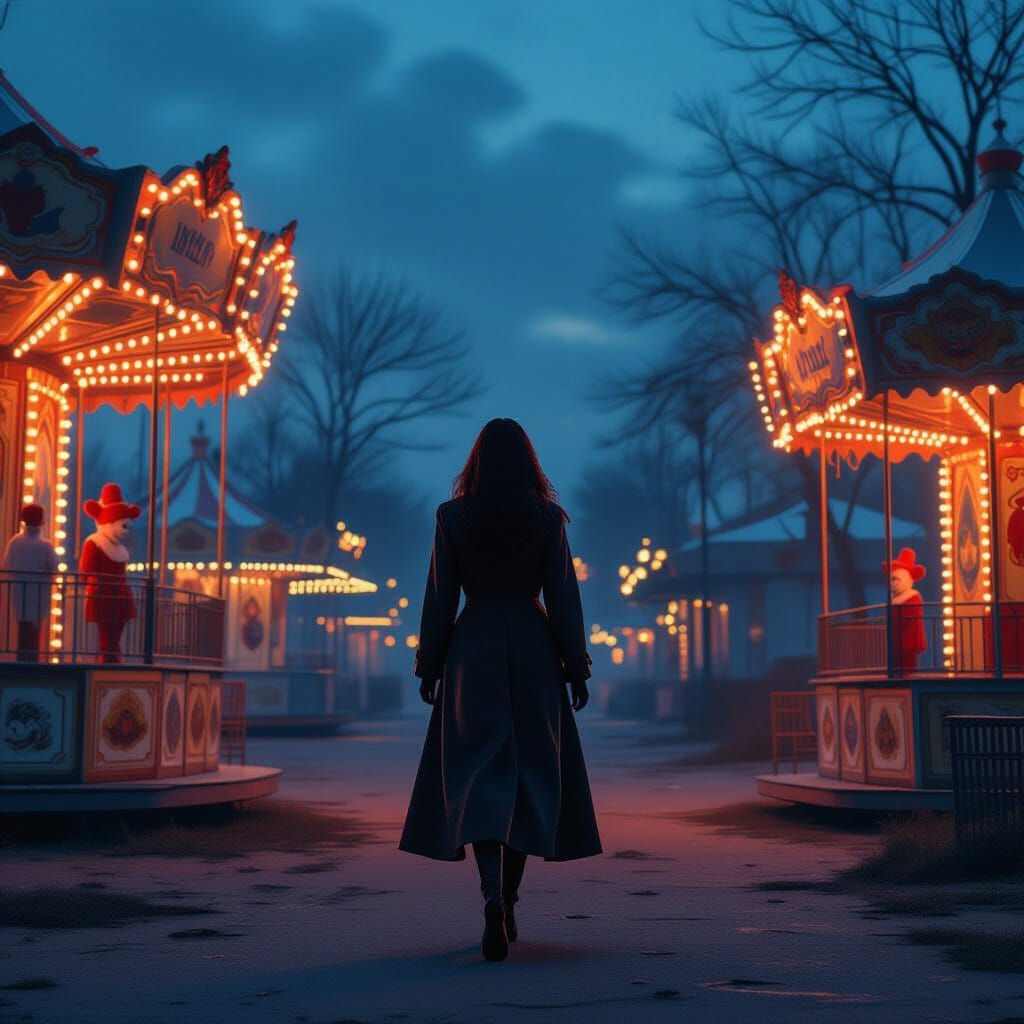 Mysterious Woman in Deserted Carnival: Digital Art