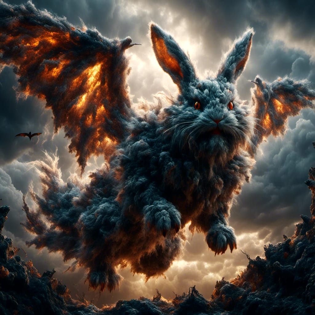 Furious Winged Rabbit Soaring Through Storm Clouds