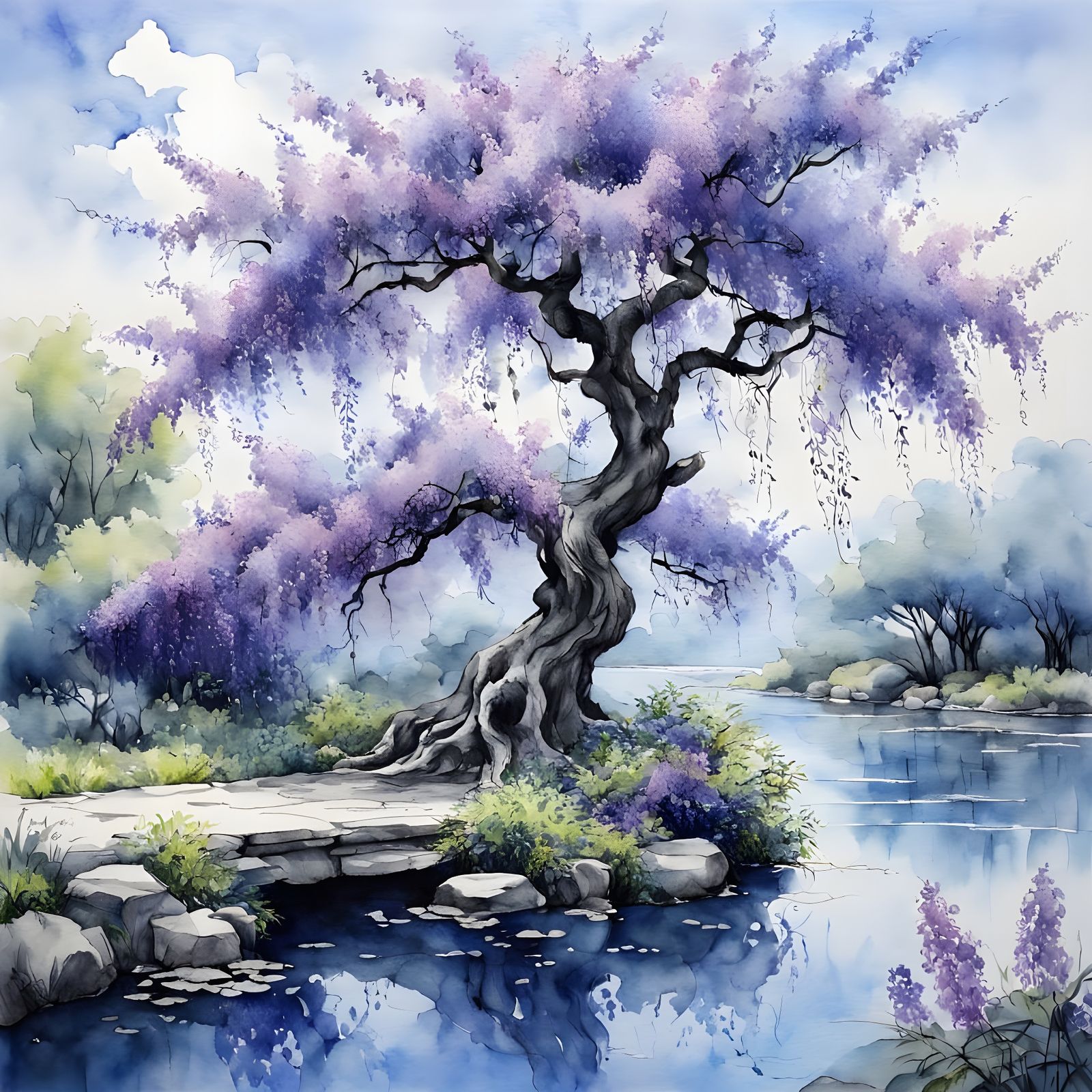 Magical Garden: Wisteria in Watercolor Painting Style
