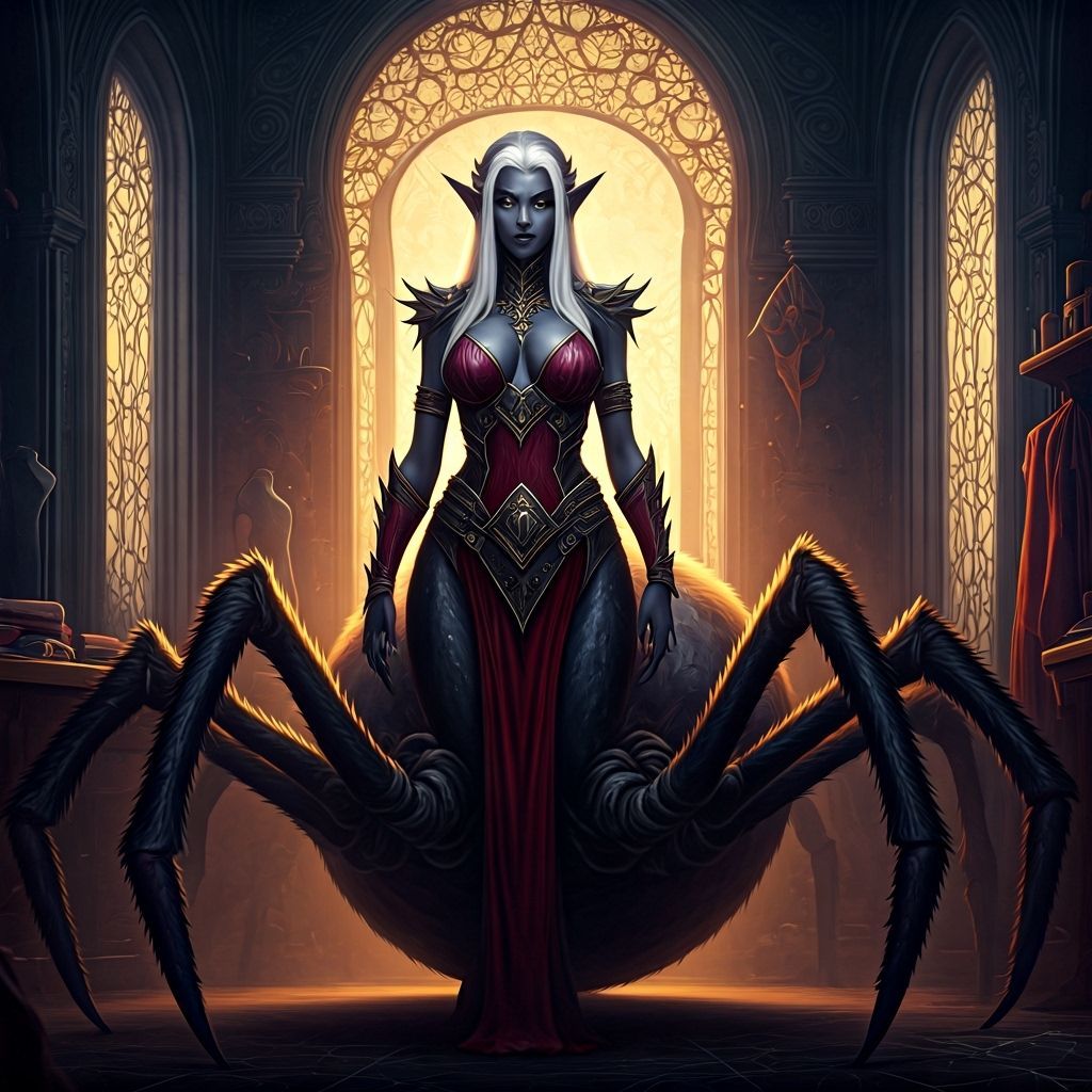 Majestic Dark Elf Drider in Ornate Fantasy Art Style