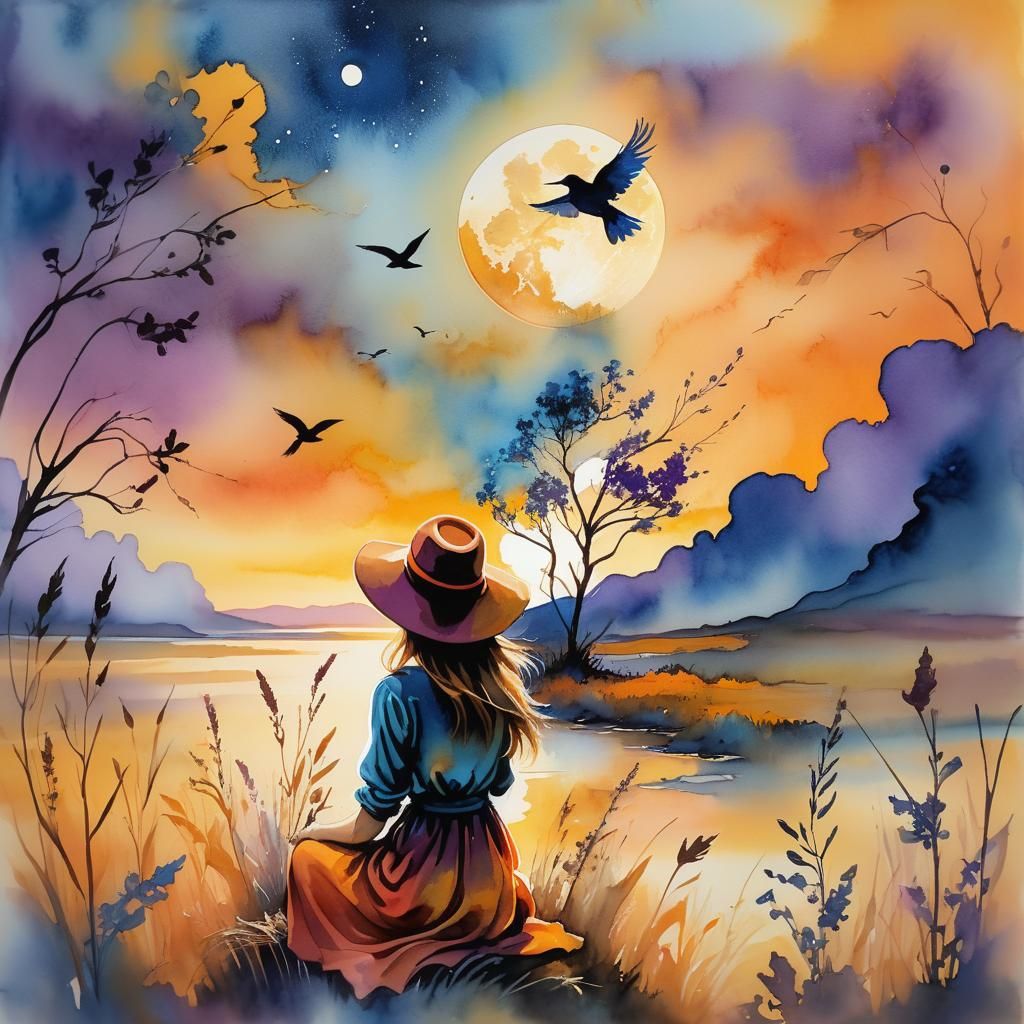 Woman and Bird at Sunset: Fantasy Concept Art