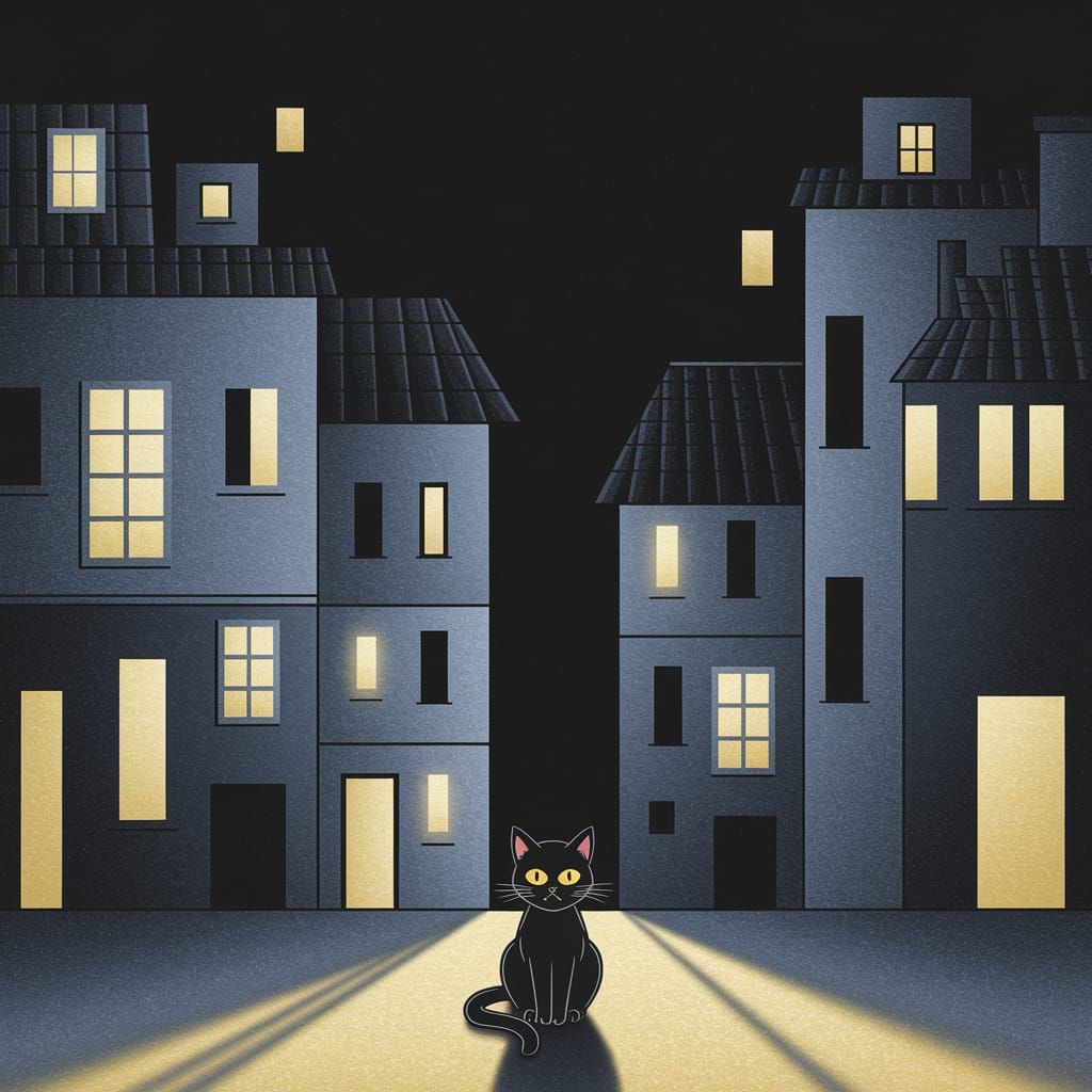 Black Cat in Urban Milan at Night
