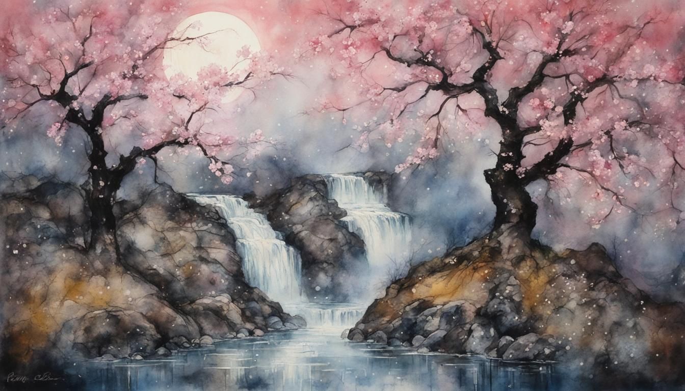 (4) Cherry blossom tree by the waterfall beneath a full moon...