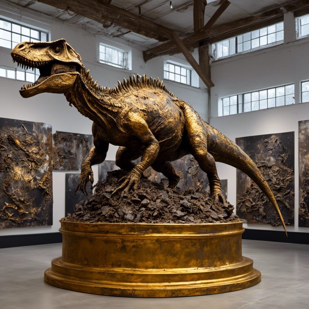 Golden Dinosaur Sculpture in Gallery, Grunge Art