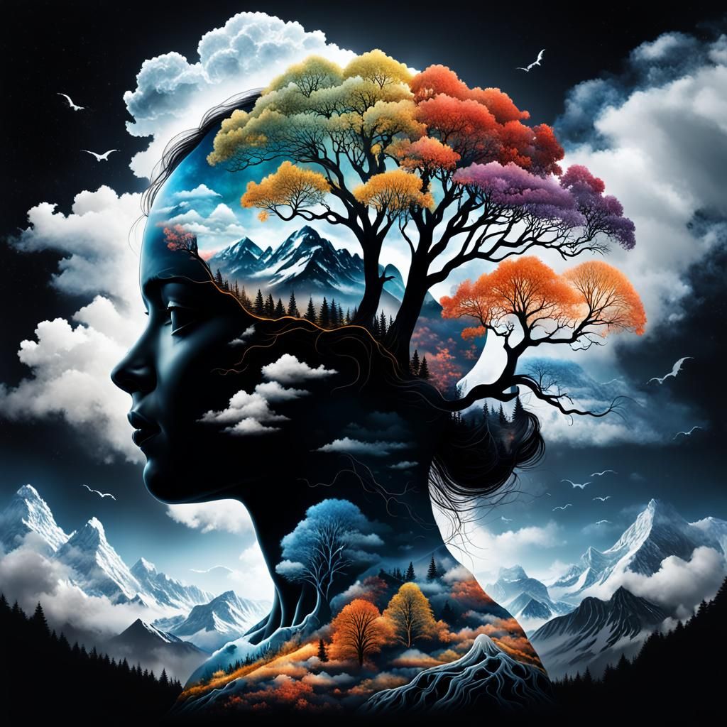 Mystical Double Exposure Portrait of Shifting Seasons