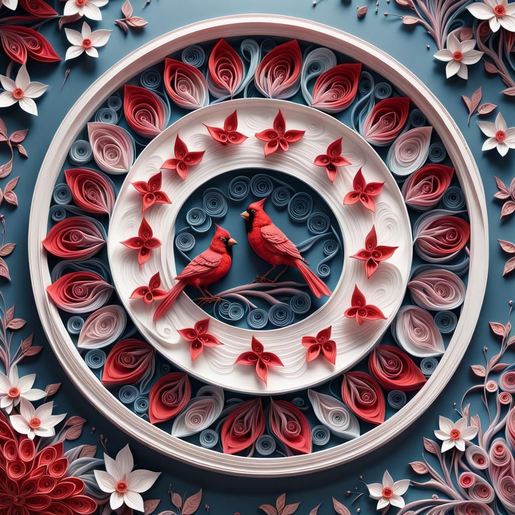 intricate paper quilled mandala subtle cardinals with dogwood flowers, vibrant, beautiful paper chaotic but orderly, eth...