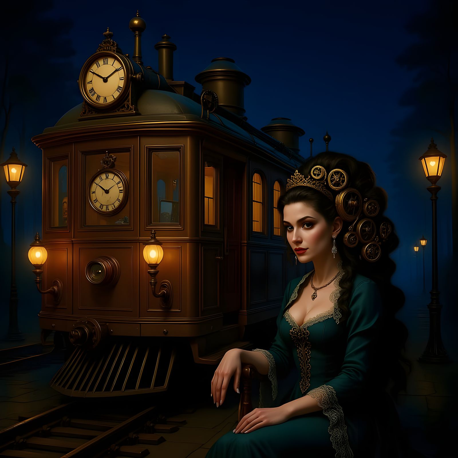 Victorian Steampunk Woman with Ornate Clockwork Train