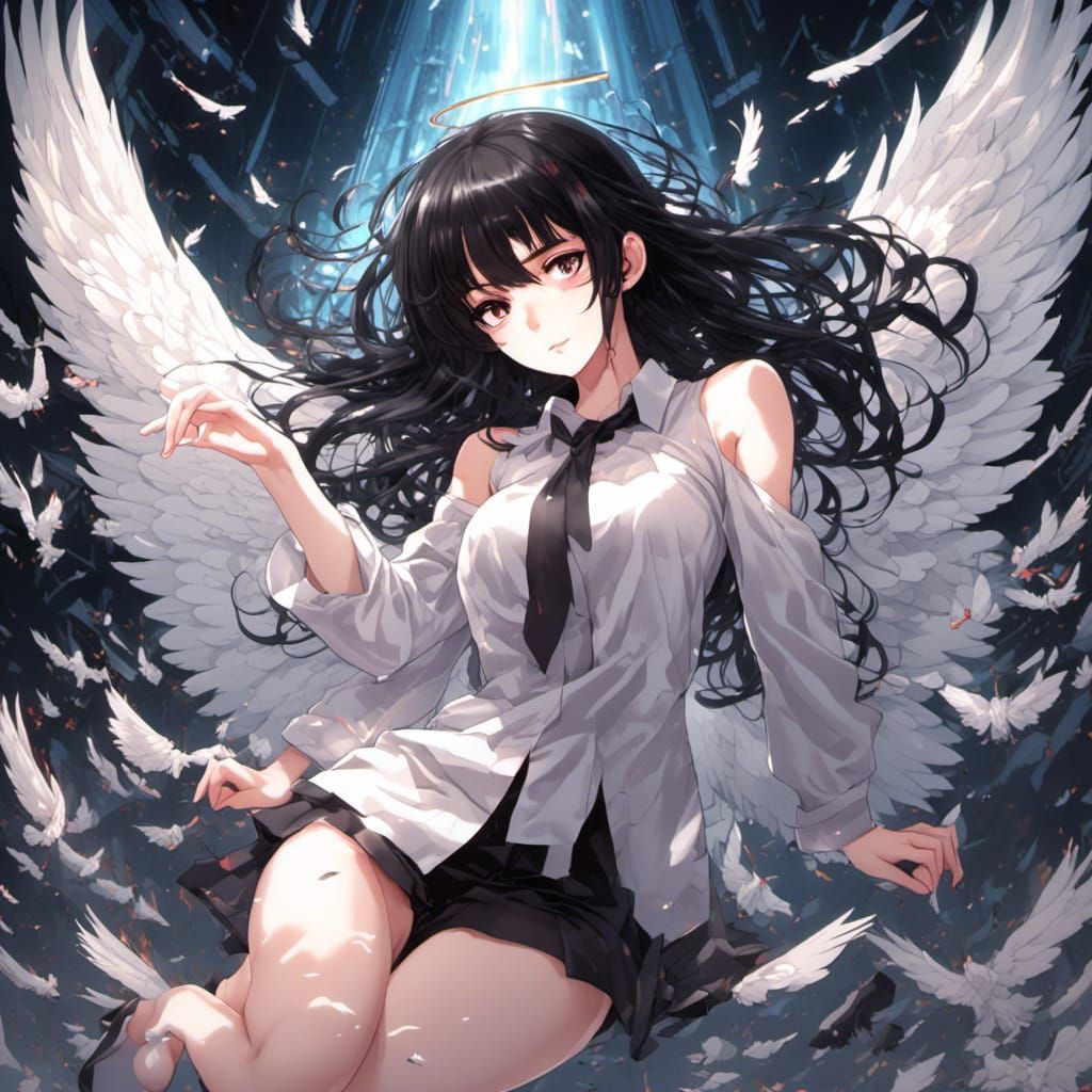 Fallen Angel: Anime-Style Woman with Black Hair