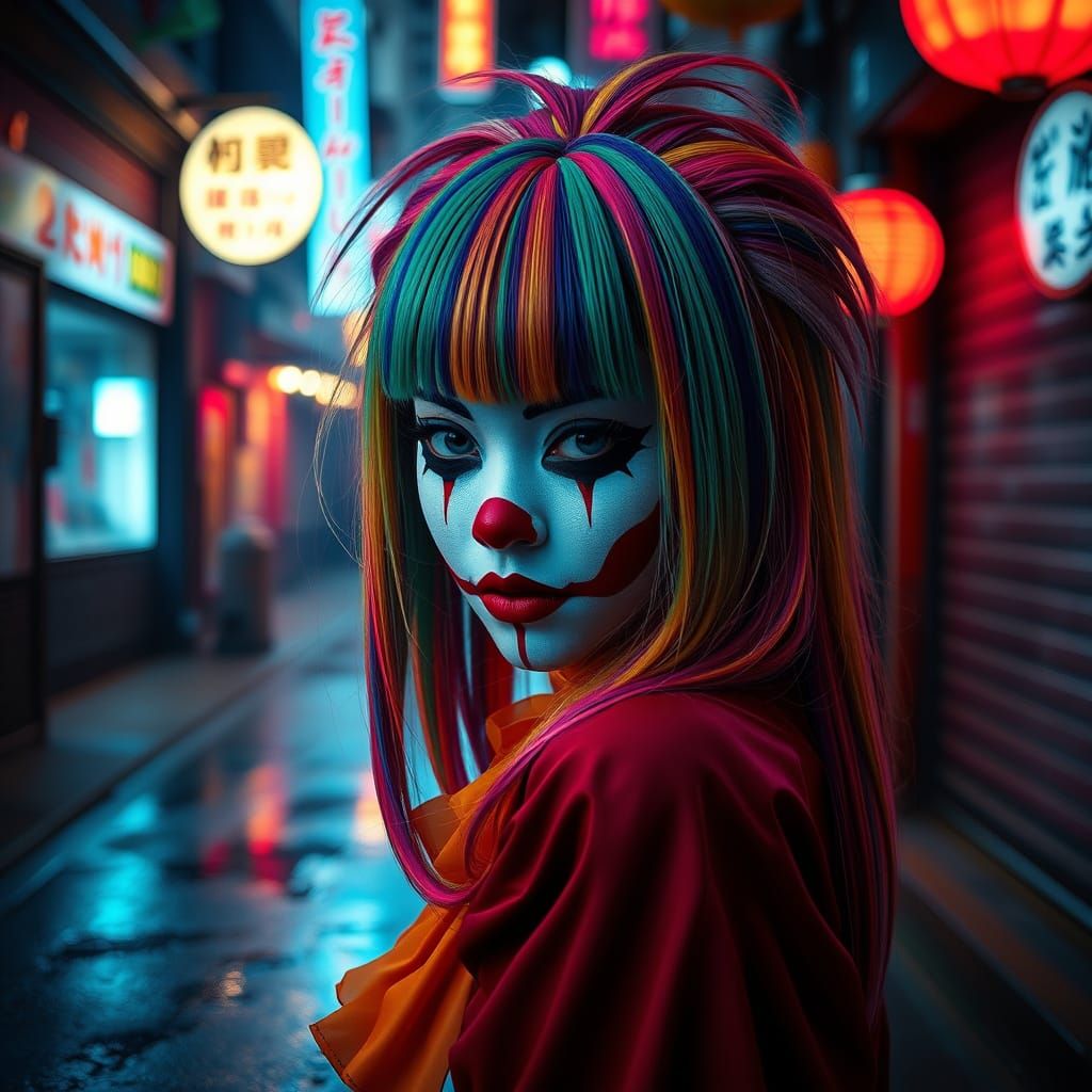 Majestic Japanese Female Clown in Vibrant Film-Noir Style