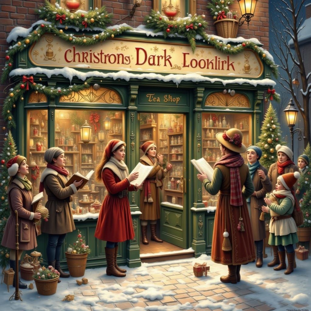 Christmas scene with carolers cheering up the crowd outside a teashop.<lora:Pastel Christmas:1.0><lora:Christmas Empaste...
