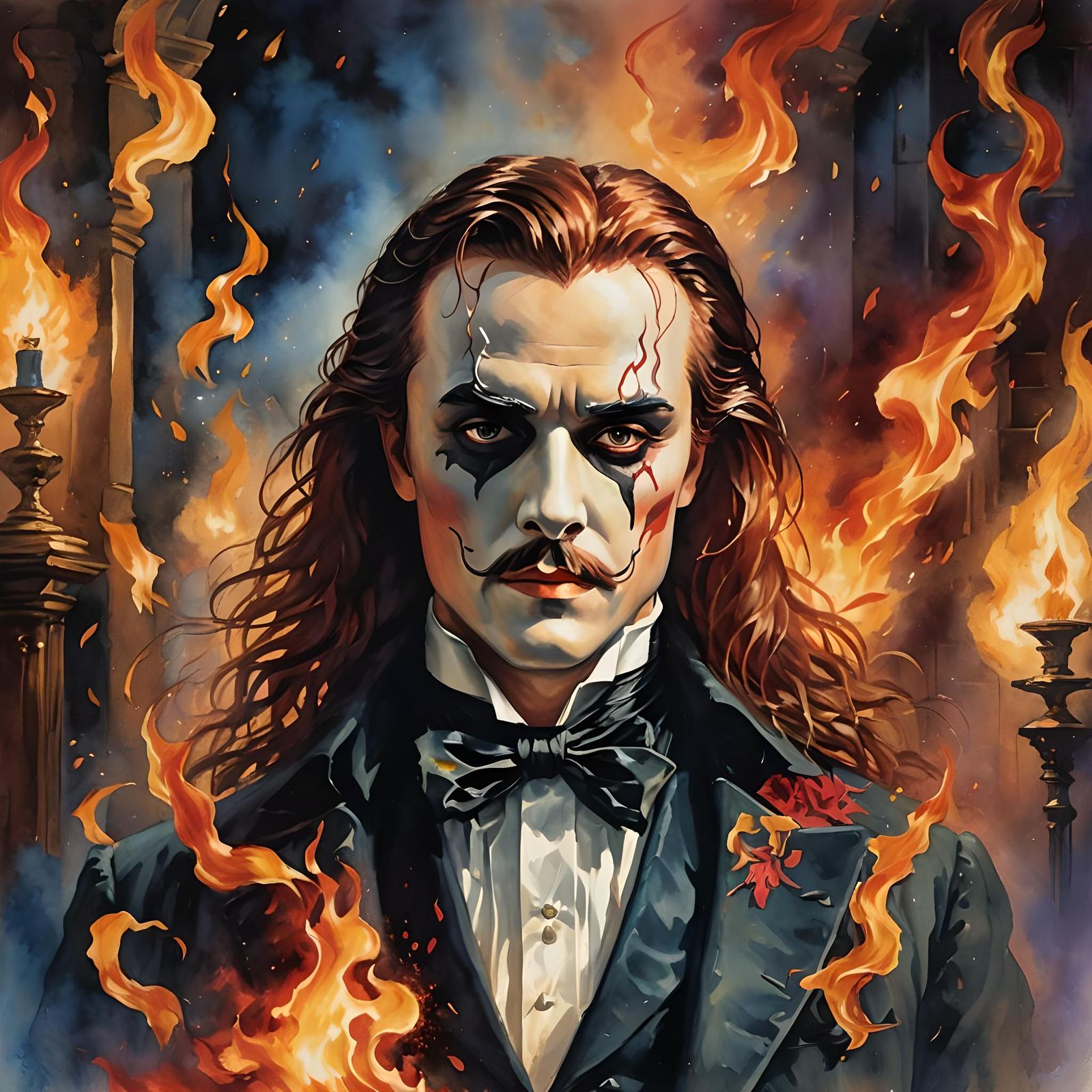 Fiery Phantom Portrait in Watercolor Style
