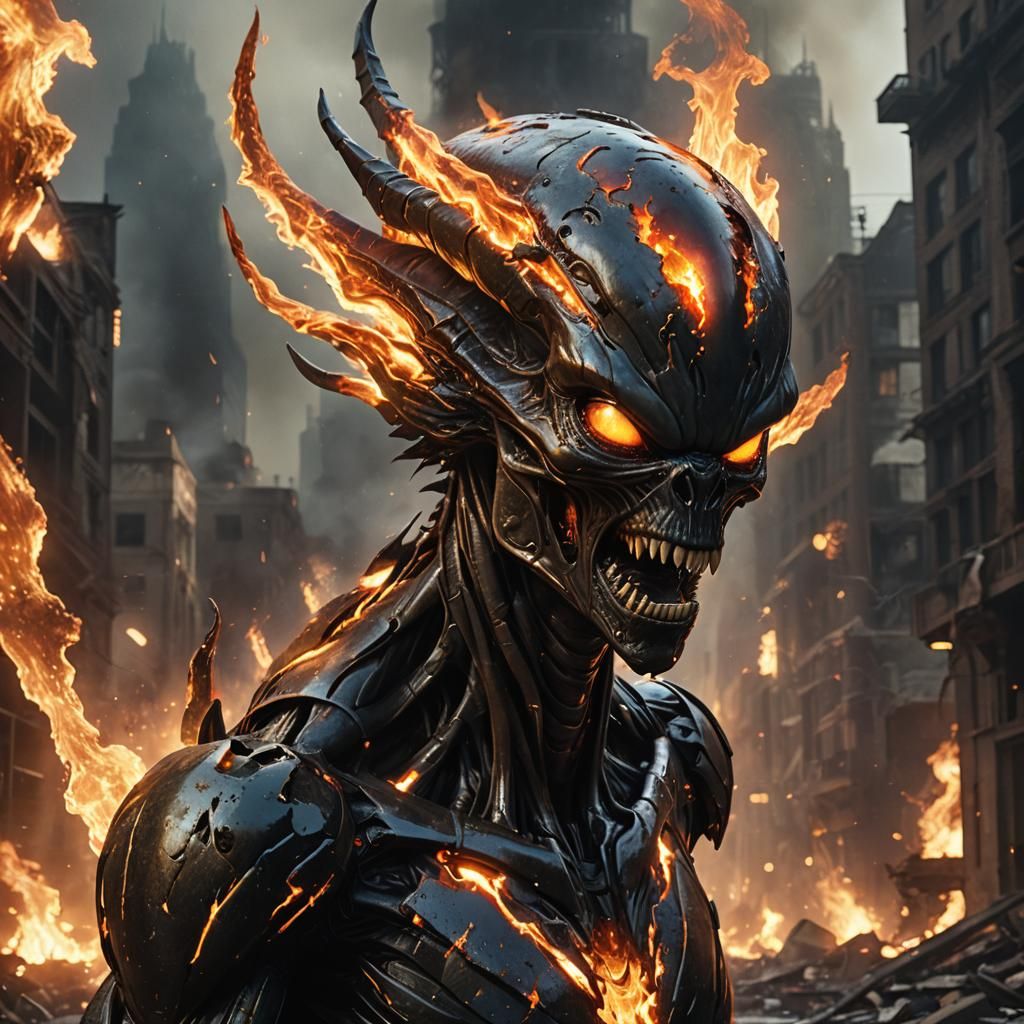 Sci-Fi Alien Agony in Burning Cityscape