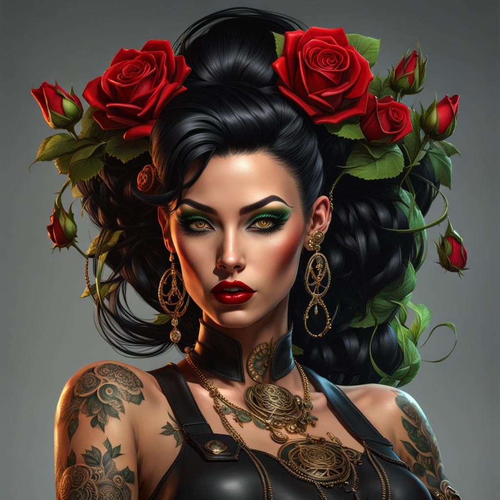 Steampunk Girl with Rose Tattoos: Dark Fantasy Portrait