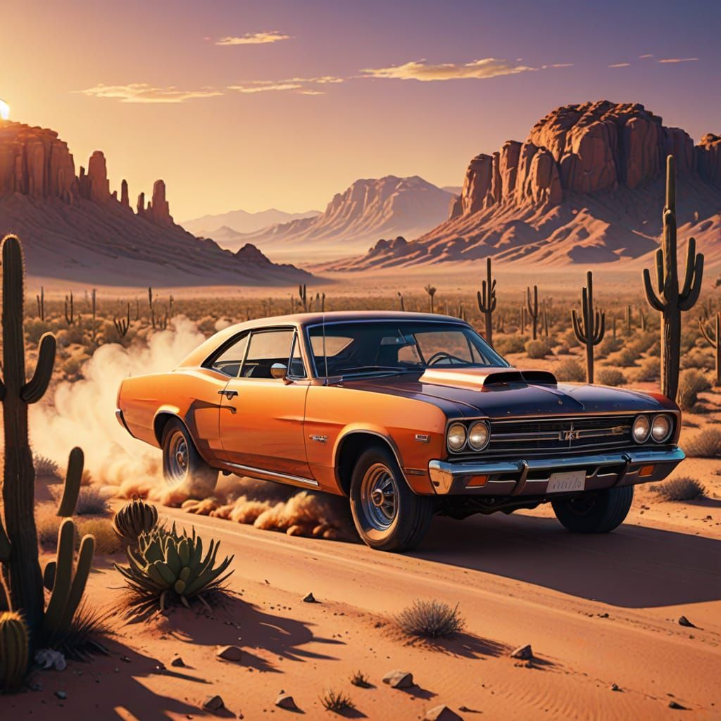 Classic Muscle Cars Race Through Desert at Sunset