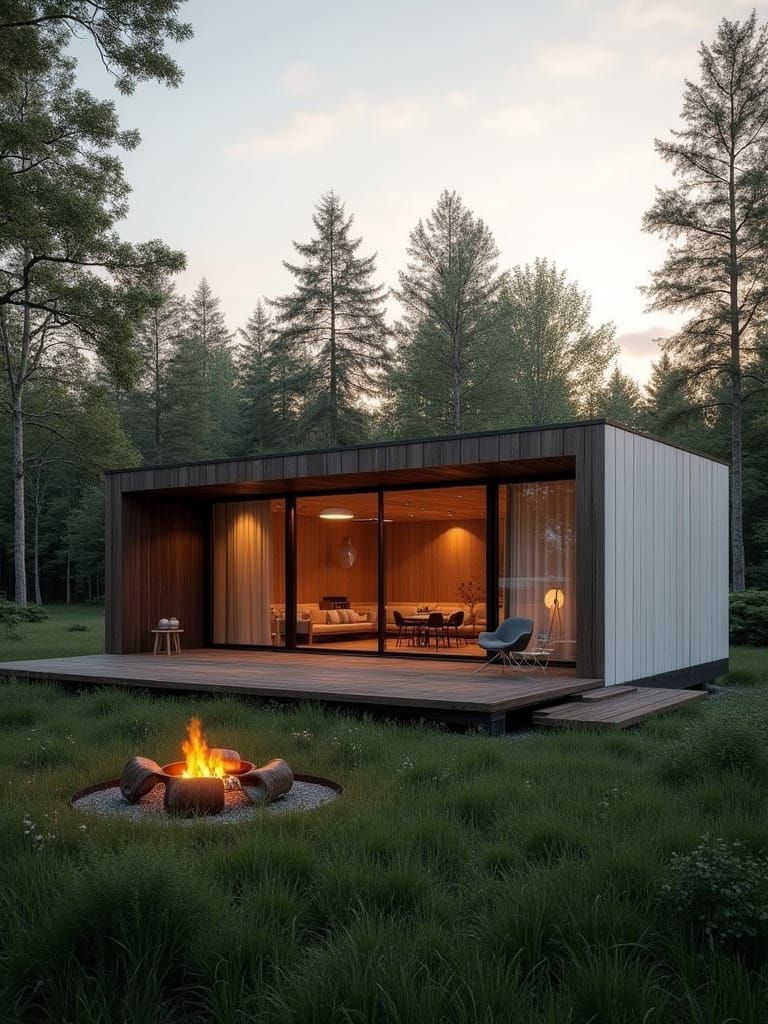 Scandinavian House in Forest Clearing at Sunset