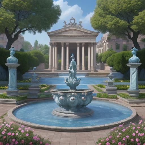 Baroque Aquarius Fountain in a Flowering Garden