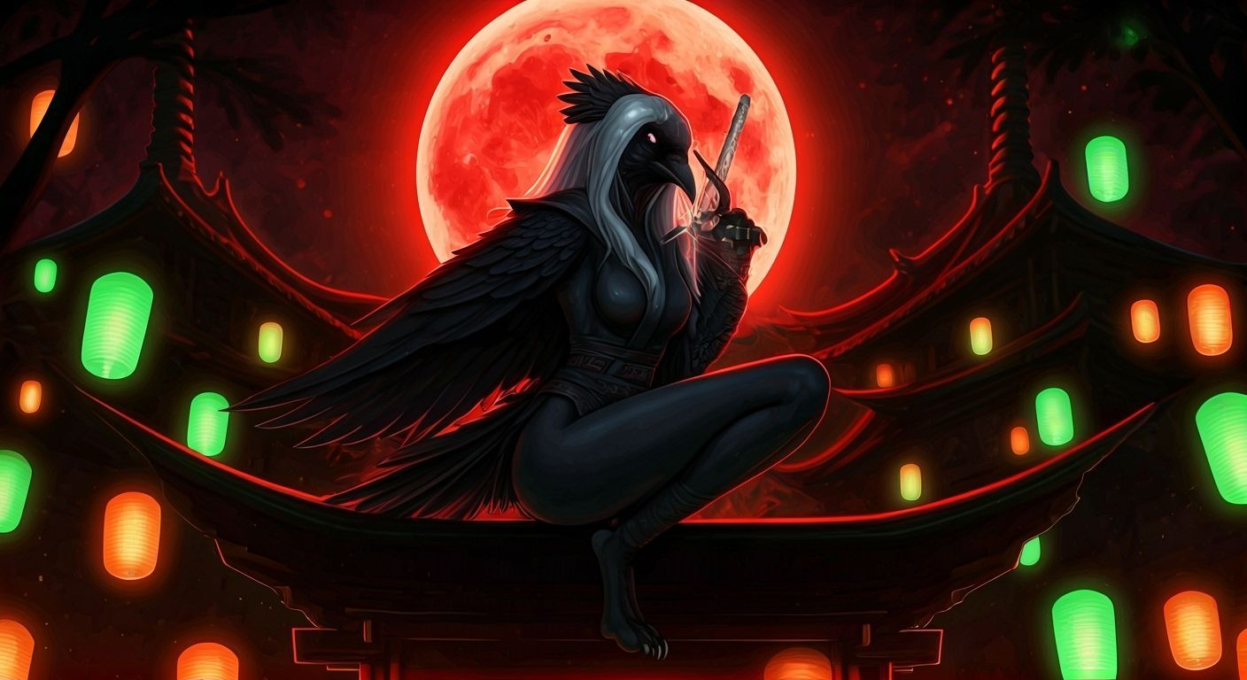 Cyberpunk Raven Woman on Pagoda Under Red Moon