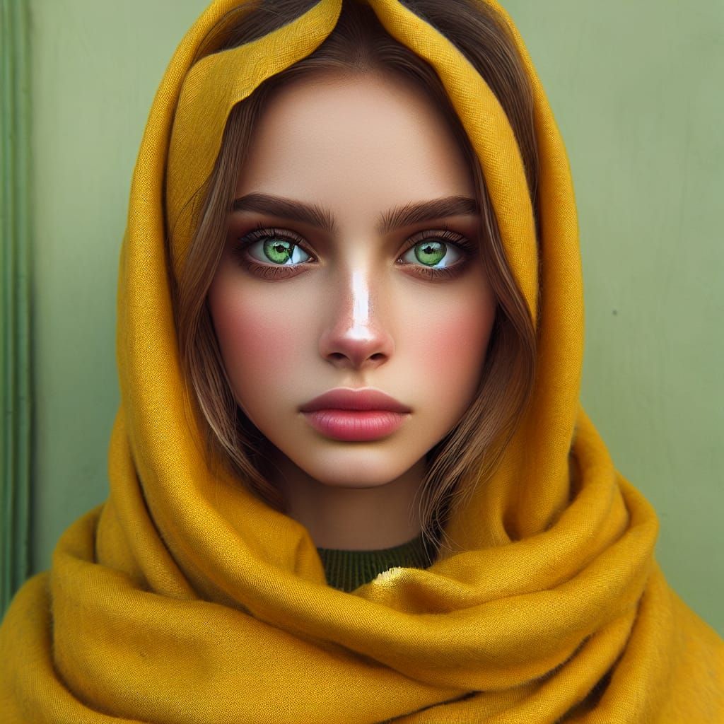 Girl with Green Eyes and Yellow Scarf Portrait