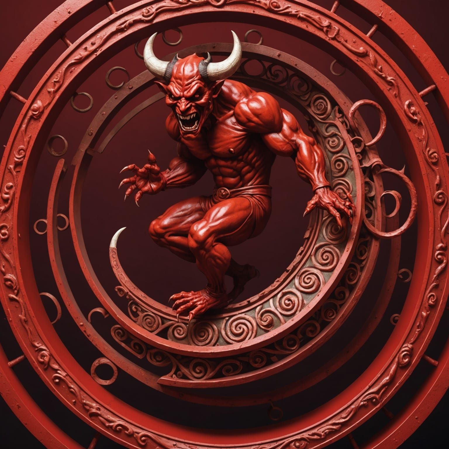 Humorous Devil Leaping from Red Spiral