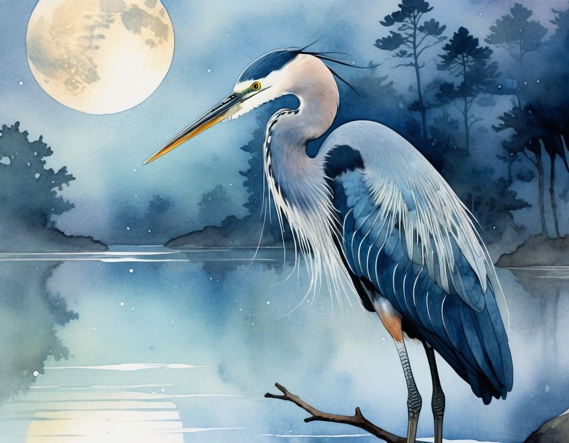 Moonlit Heron Statue in Ukiyo-e Watercolor Style
