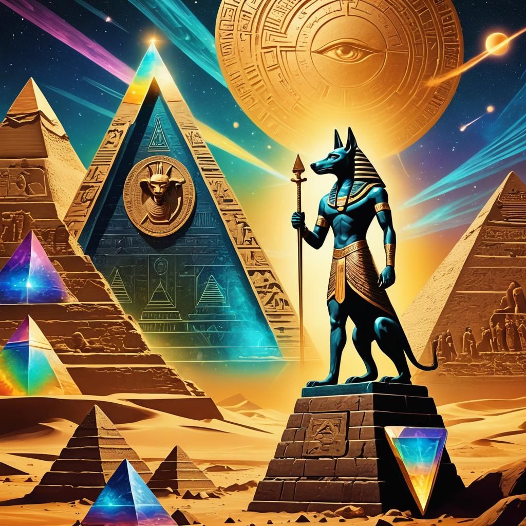 Anubis Statue and Pyramids with Crystal Gateways