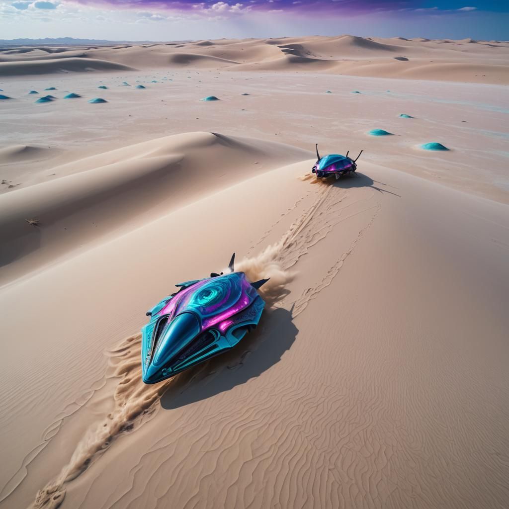 Alien Spacecraft Landing in White Desert, Surreal Scene