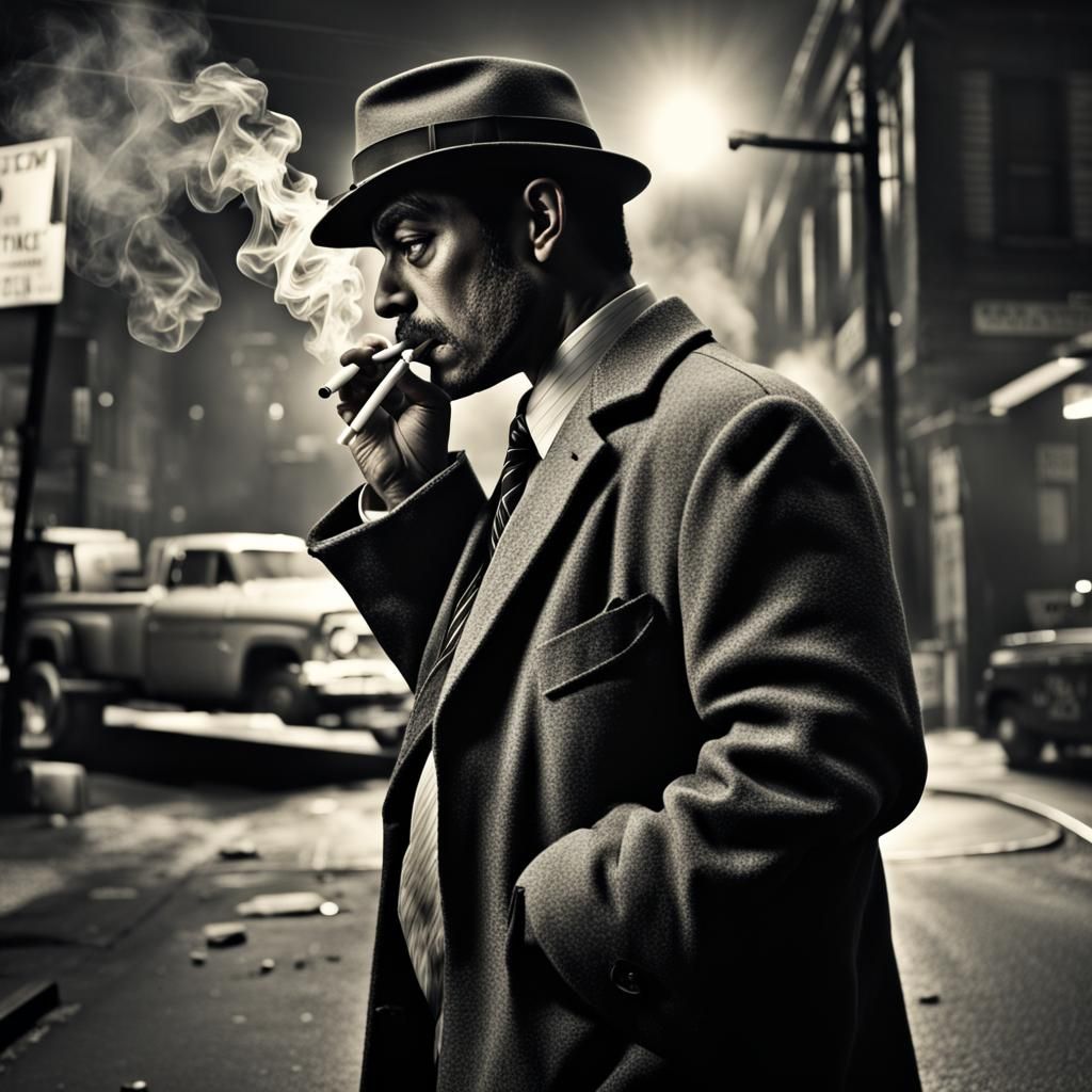 Noir Detective Smoking at Crime Scene