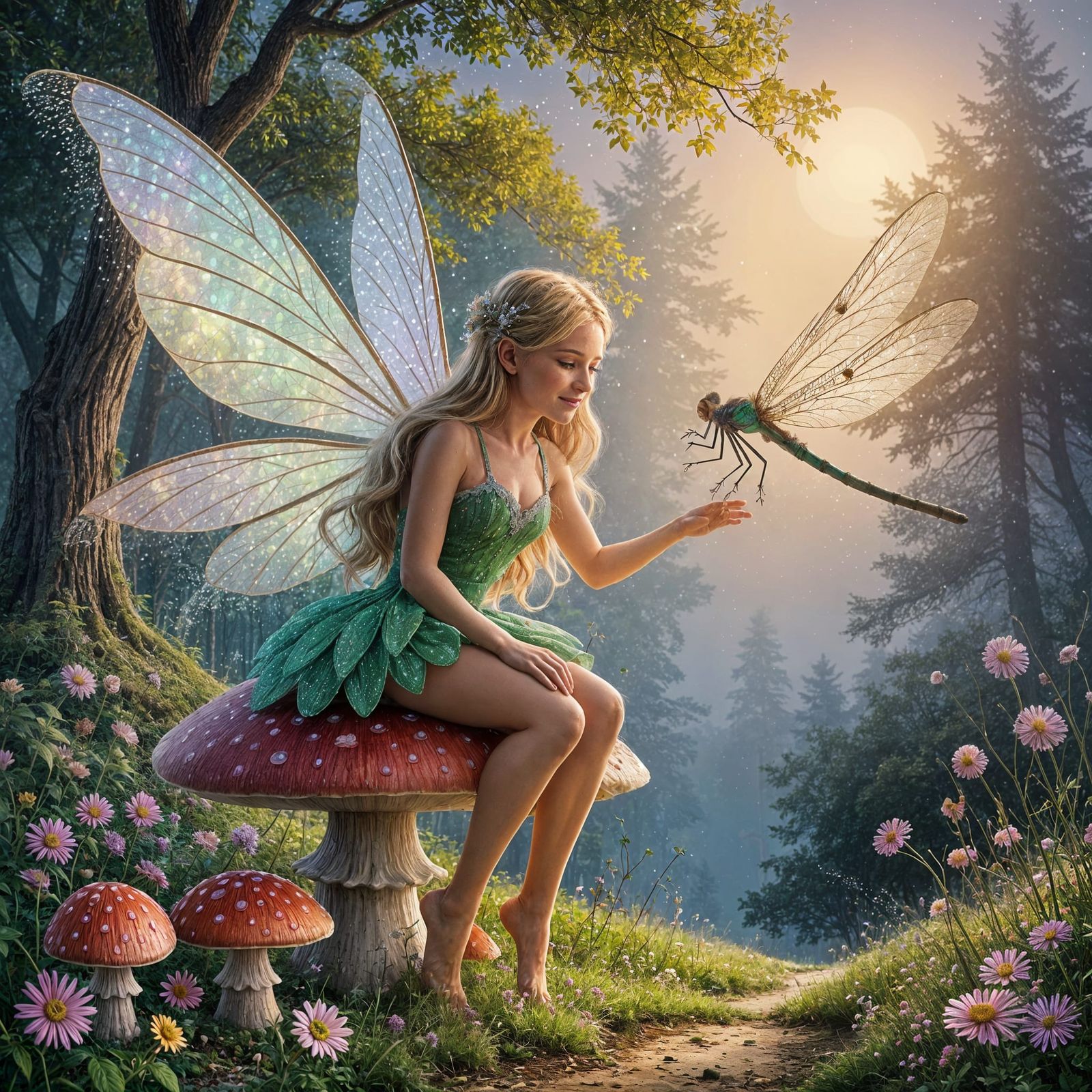 Fairy and Pet Dragonfly on Mushroom, Warm Light