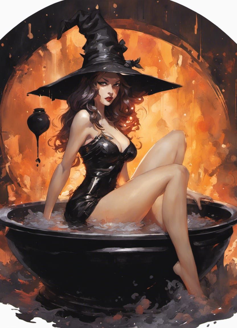 Pin-Up Witch in Cauldron Hot Tub