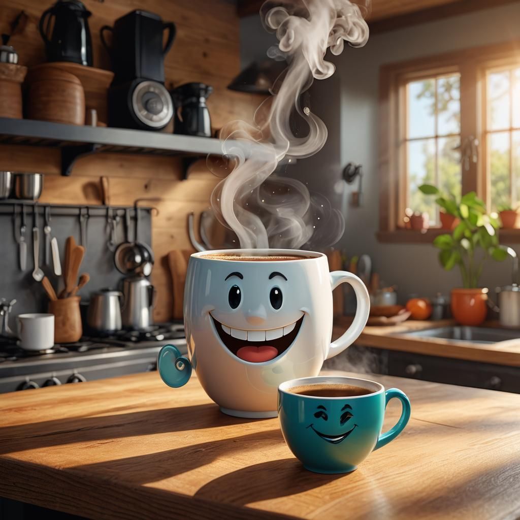 Happy Coffee Mug in Pixar-style 3D Rendering