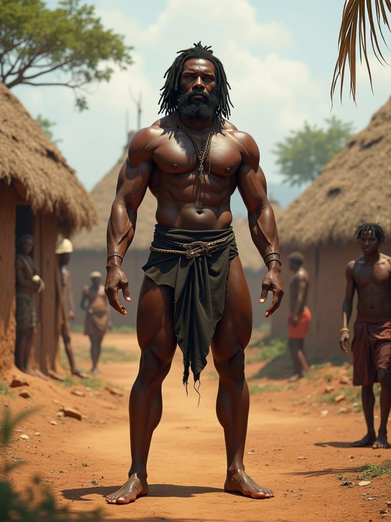 Muscled Warrior Adorns Ancient African Village