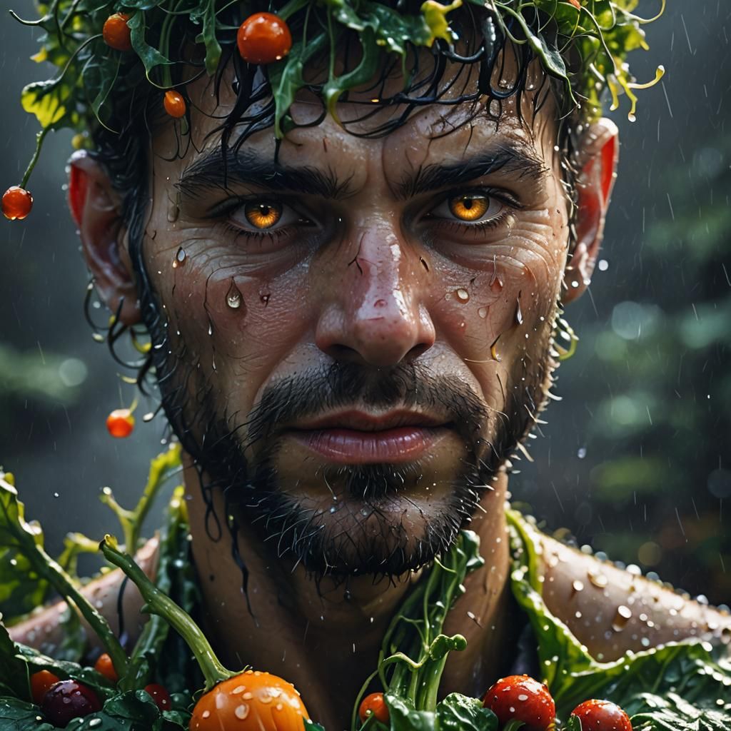 Man Absorbing Vegetable in Hyperrealistic Digital Art