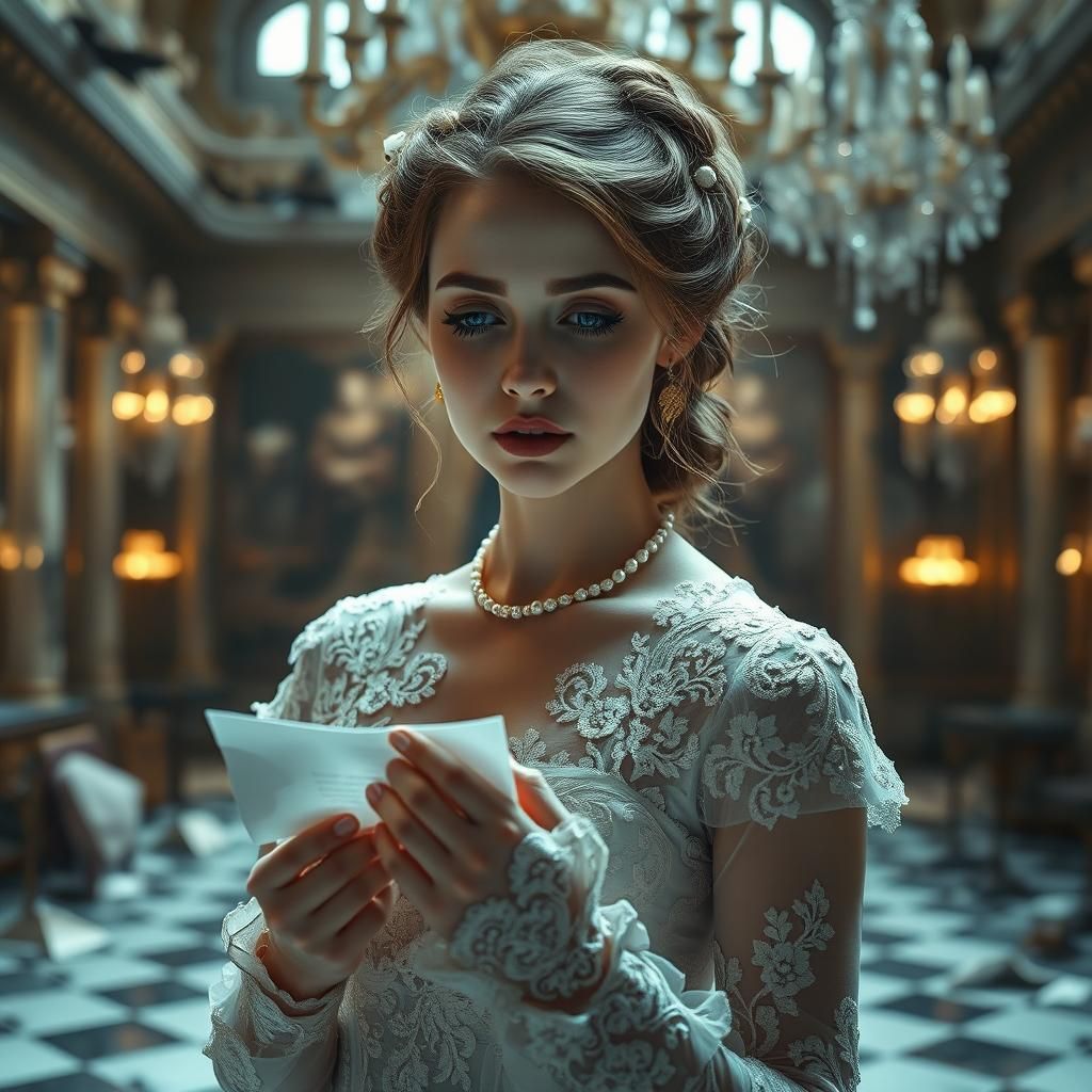 Ethereal Woman in Shattered Ballroom: Photorealistic Portrai...