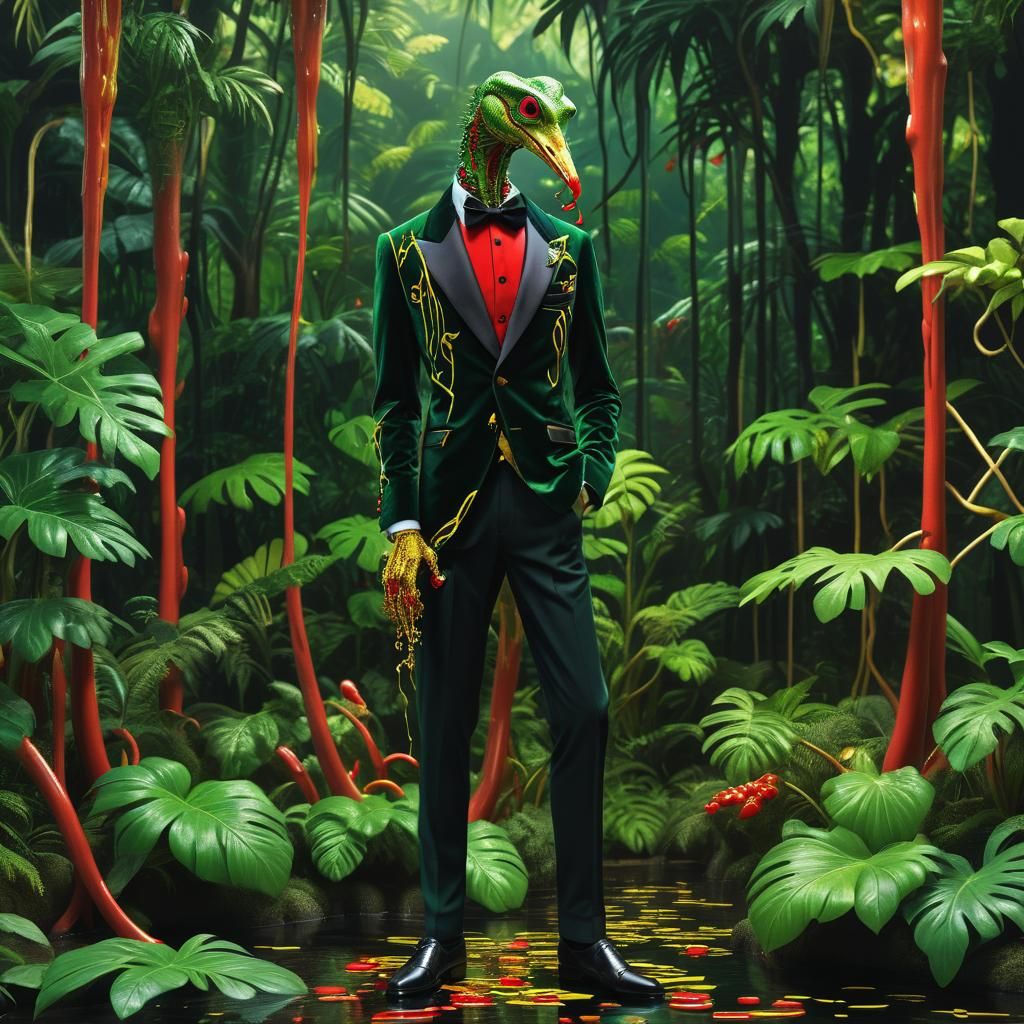 A beautiful friggable loquiatessen with gruxismlegs  red and gold chromosomes, and wearing an elegant suit