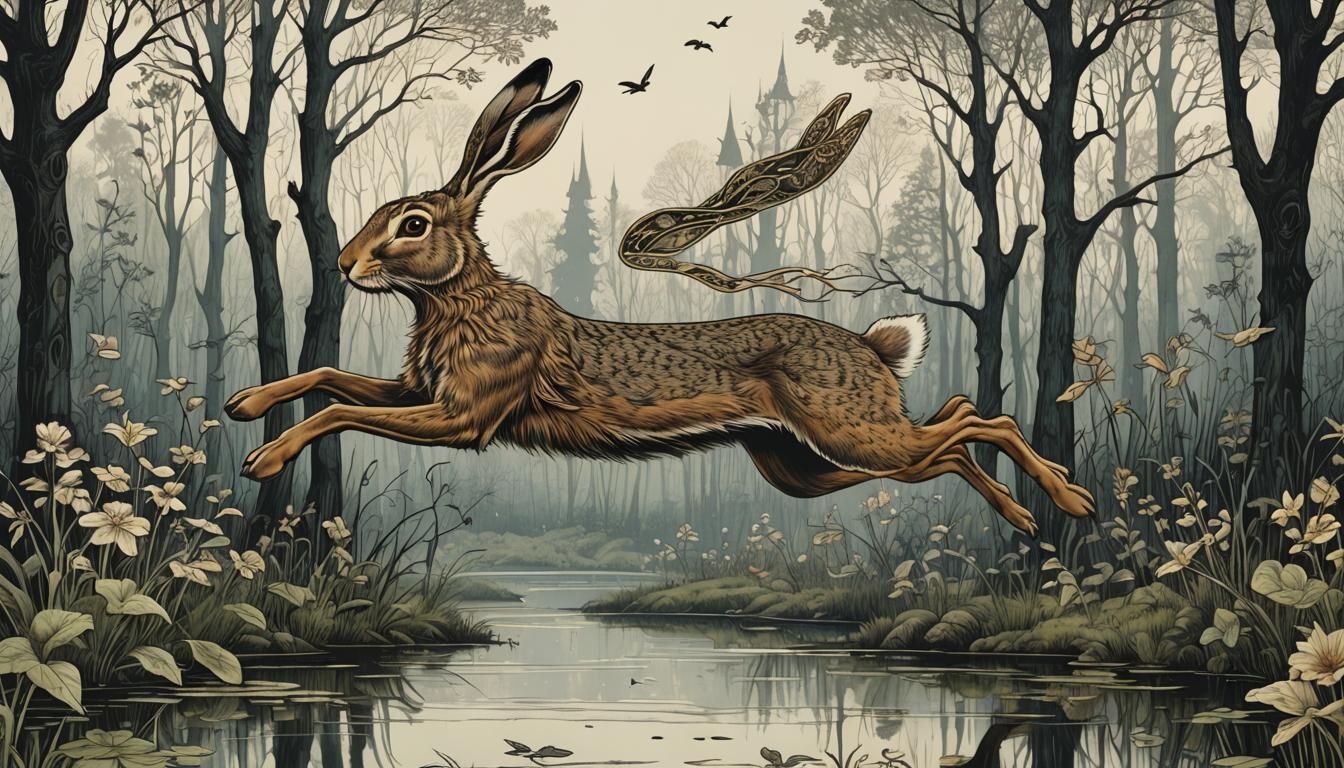 Hare Leaping Over Pond in Dreamlike Forest